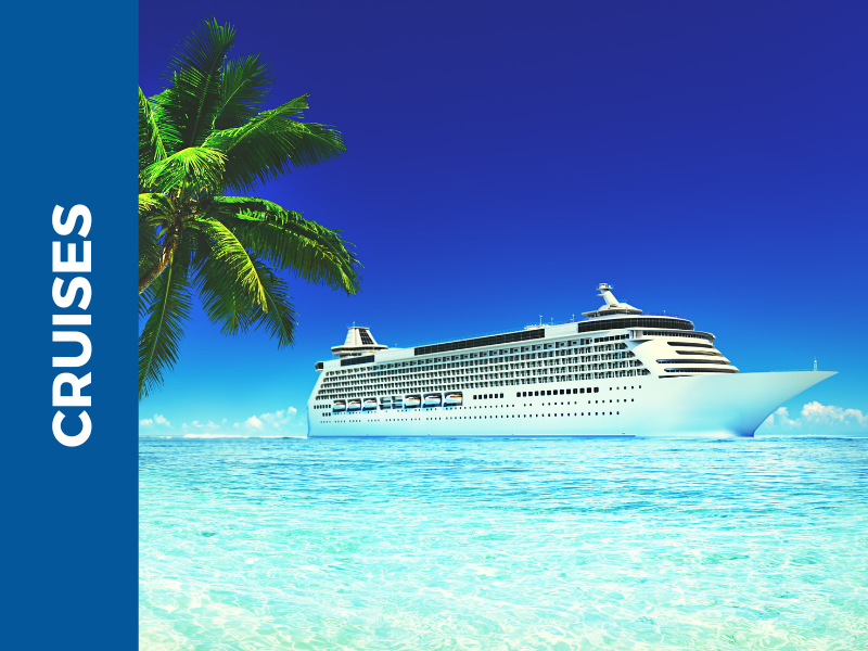 Cruise ship in turquoise water with palm tree
